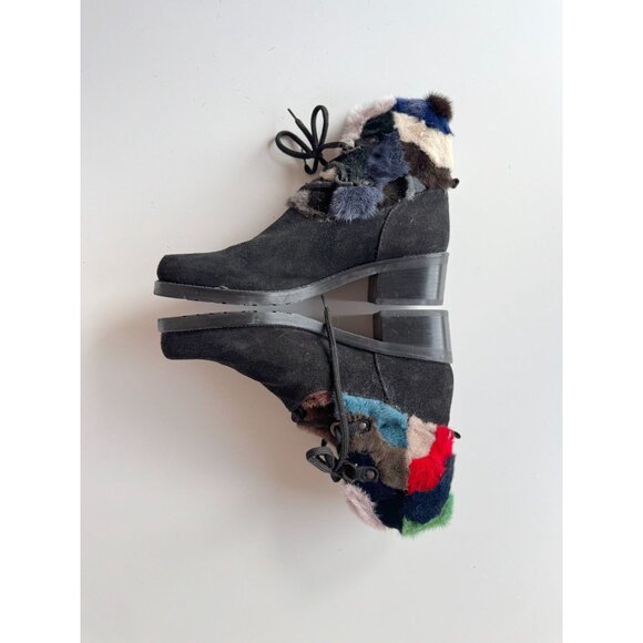 STUART WEITZMAN Black Suede Rainbow Rabbit Fur Trim Combat Boots, Size 8 - Picture 9 of 15